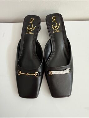 Sam Edelman Black Leather Square-Toe Mules with Gold Accents